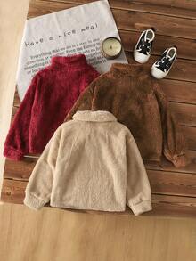 SHEIN 女童 3 件套 素色立領半拉鍊抓絨休閒短版衛衣，雙面抓絨，秋冬款 - 酒紅色 - 查看 2