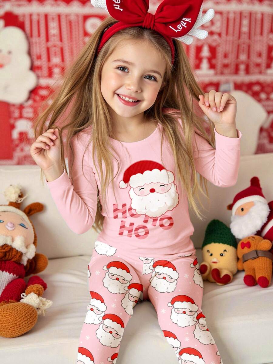 SHEIN 童话粉色圣诞节、可爱搞怪圣诞老人“HO HO HO”、雪花波尔卡圆点印花、适合秋冬居家的年轻女孩休闲舒适柔软长袖睡衣套装、圣诞睡衣派对、新年睡衣、日常穿着、小女孩睡衣套装、奶油粉色圣诞睡衣、舒适合身单人睡衣、长袖舒适合身两件套睡衣 - 彩色 - 查看 1