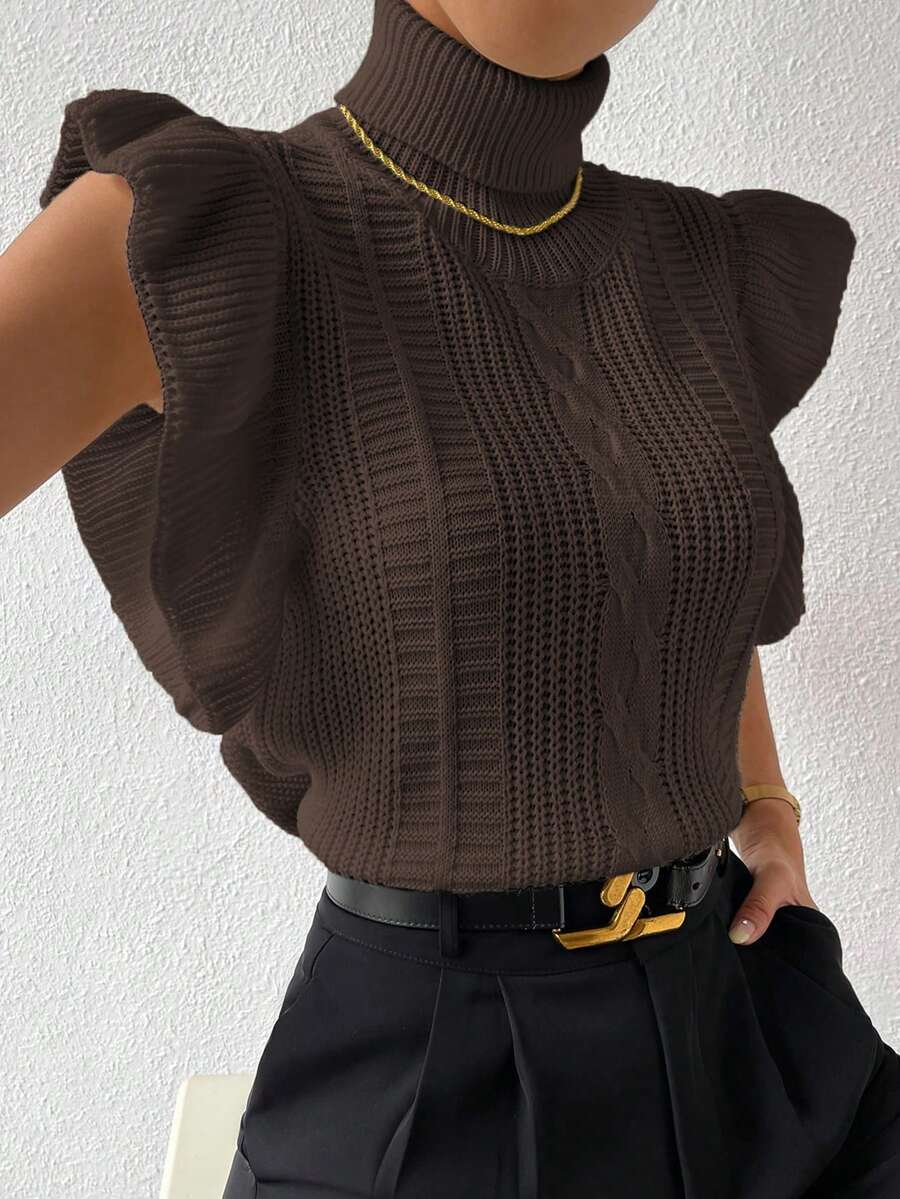 Rafferiza Women's Autumn/Winter High Collar Ruffle Hem Knitted Vest - Coffee Brown - View 1