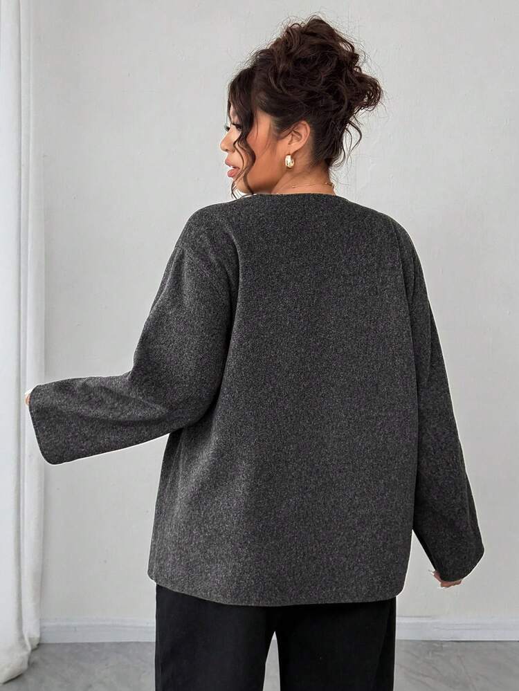 Dazy Plus Plus Size Women Loose Casual Woolen Oblique Placket Drawstring Thick Jacket, Autumn/Winter Women Coats