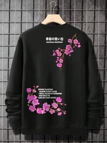 Manfinity LEGND 男士休闲樱花与字母印花简约设计圆领套头运动衫、长袖 T 恤、秋季运动衫 - 黑色 - 查看 4