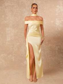 Lumalex 女式缎面露肩荷叶边高开衩连衣裙（配领带） - 黃色 - 查看 8