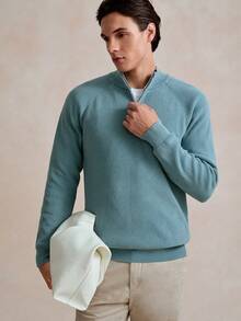 Manfinity CityGents 男士纯色纯色拉链前长袖简约针织毛衣，休闲都市日常穿着，可作为男友礼物