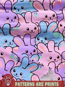 SHEIN Cute Rabbit Print Casual 2Pcs Set, Includes Round Neck Short Sleeve Top & Flare Pants For Young Girls, Suitable For Summer