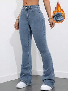 Jeanoix Women's Casual Everyday Commute Flared Thermal Lined Jeans - Medium Wash - View 5
