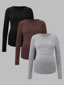 Modmama 3 件孕妇休闲纯色长袖哺乳 T 恤，适合日常穿着，春秋季 - 彩色 - 查看 4