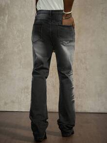 PAVTROS Men's Black Horseshoe Flared Leg Jeans Black Flared Jeans For Men Bootcut Stretch Black Street Rave For Y2K - Black - View 2