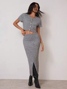 COSMINA 2pcs Women's Short Sleeve Elegant Knitted Sweater Set,Grey Autumn Casual Brunch Versatile Commuting Office Wear Two Piece Skirt Sets - Grey - View 1