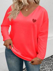 EMERY ROSE Women's Heart Print V-Neck Long Sleeve Plus Size T-Shirt, Popular For Autumn/Winter - Red - View 4