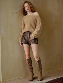 MOTF STUDIO GLITTER BLENDED WARM OVERSIZED ASYMMETRICAL SHOULDER SWEATER - Khaki - View 1