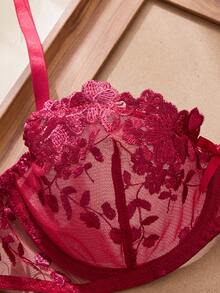 2pcs Mesh Embroidery Women's Lingerie Set Red Lace Lingerie Set Red Lace Thong Red Lace Bra Red Bra And Panty Set Burgundy Lingerie Set