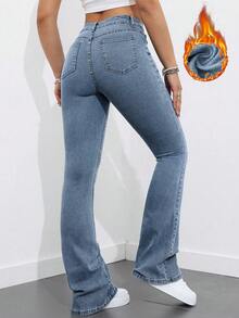 Jeanoix Women's Casual Everyday Commute Flared Thermal Lined Jeans - Medium Wash - View 2