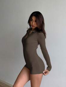 SHEIN Unity Women's Casual Solid Color Knit Romper - Brown - View 6