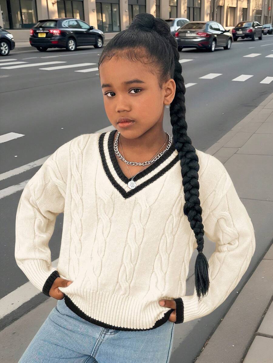 SHEIN Tween Girl V-Neck Stripe Detail Cable Knit Sweater, Black And White, Autumn, Casual, Holiday, Back-To-School Daily Wear Tween Girl Warm Winter Pullover Sweaters - Beige - View 1