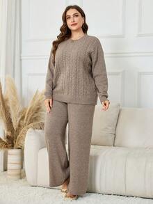 SHEIN Lacomfia Plus Size Women Cable Pattern Round Neck Drop Shoulder Long Sleeve Sweater And Knit Pants Casual Loose Suit, Autumn/Winter
