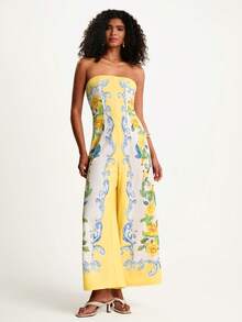 CAJUNI 女式花卉印花抹胸连体裤，时尚阔腿 - 彩色 - 查看 4