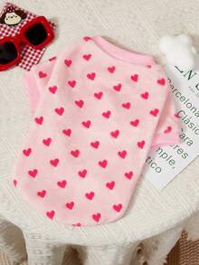 PETSIN Valentine's Day 1pc Coral Fleece Pink Heart Print Pet Sweatshirt, Warm And Hat-Free, Suitable For Cats And Dogs - Multicolor - View 1