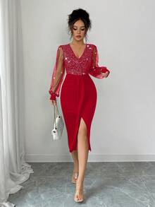 EMERY ROSE 女式亮片闪亮V领网眼拼接闪光派对连衣裙 - 紅色 - 查看 8