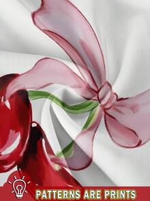 SHEIN Leap Crew Teens Girls Casual Minimalist Retro American Bow & Cherry Pattern White Short Sleeve Round Neck Loose Knit Oversized T-Shirt, 34% Cotton, Versatile, Suitable For Summer - White - View 3