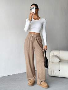 SHEIN Tall 女款休閒抽繩腰寬鬆卡其色運動長褲，冬季居家寬腿工裝褲，優雅米色秋季校園通勤長褲，適合高個女性 - 米色 - 查看 7