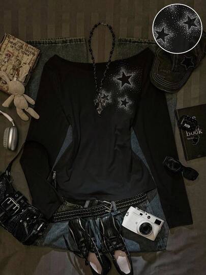 SHEIN EZwear Autumn New Arrival Oversized Scoop Neck Oblique Shoulder Ruffle Hem Printed Long Sleeve Sexy Asymmetric-Shoulder Pullover T-Shirt For Women Graphic