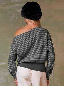 Athîral Women's Casual Striped Print Asymmetrical Neck Drop Shoulder Loose Long Sleeve T-Shirt, Spring/Autumn - Multicolor - View 5