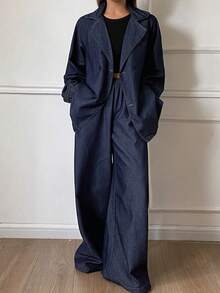 DAZY 女式休闲翻领插肩袖上衣和牛仔裤套装，秋季 - 深色水洗藍 - 查看 5