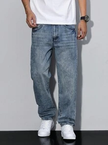 Manfinity Homme 男式休闲石洗锥形牛仔裤 - 淺色水洗藍 - 查看 3