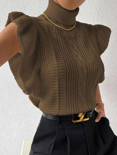 Islaluna Chaleco de punto de mujer de unicolor con cuello alto y dobladillo con volantes, versátil y casual