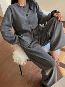 DAZY 两件套简约冬季抓绒针织长袖上衣和裤子舒适睡衣套装 - 灰色 - 查看 5