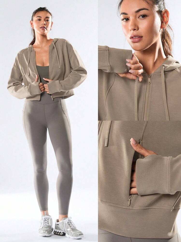 Modal Fleece Power Zip Side Pockets Hoodie Long Sleeve Sweater With Thumbholes Daily Casual