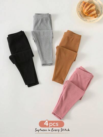 Cozy Pixies Set de 4 pantalones elásticos de punto de unicolor con cintura elástica, pantalones elásticos para niños pequeños y niñas, adecuados para otoño/invierno, interior, exterior, diario, deportes, juego, fiesta, sesión de fotos, vacaciones, rave, esquí, uso casual