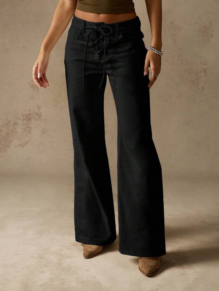 MISSGUIDED Calça Denim Perna Larga com Cadarço na Frente para Estilo Boho Casual e Conforto