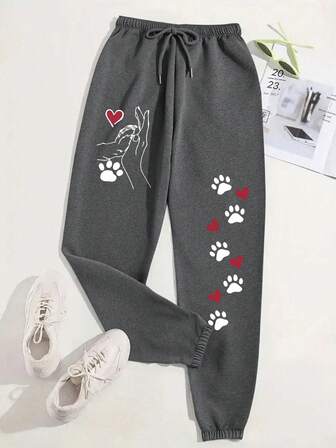Plusstorlek Dam Casual Vardag Pendling Hjärt- & Tassmönstrade Joggingbyxor med Dragsko i Midjan
