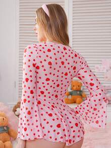 SHEIN 2件套女士甜心印花网眼扭纹不对称喇叭袖连衣裙套装 - 粉色 - 查看 2