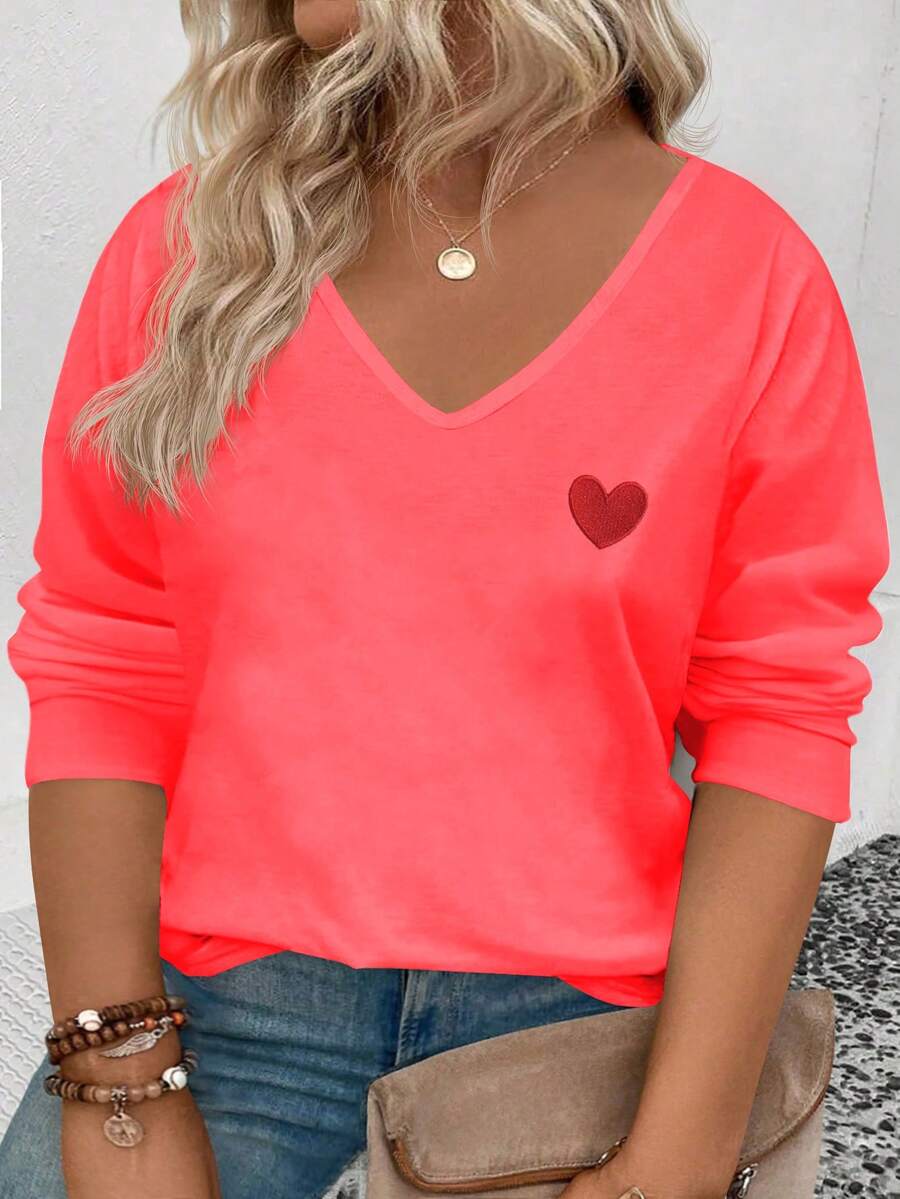EMERY ROSE Women's Heart Print V-Neck Long Sleeve Plus Size T-Shirt, Popular For Autumn/Winter - Red - View 1