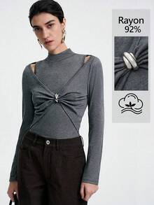Aalyst Women's High-End Gray, Dark Gray, Luxurious High-End Elegant Mature Lady T-Shirt. High Collar, Slim Fit, Metal Decorative Button, Soft And Skin-Friendly Stretchy Fabric, Suitable For Autumn, Winter, Spring, Party, Banquet, Gathering, Daily Wear, Work Commute, Holiday Outfit.