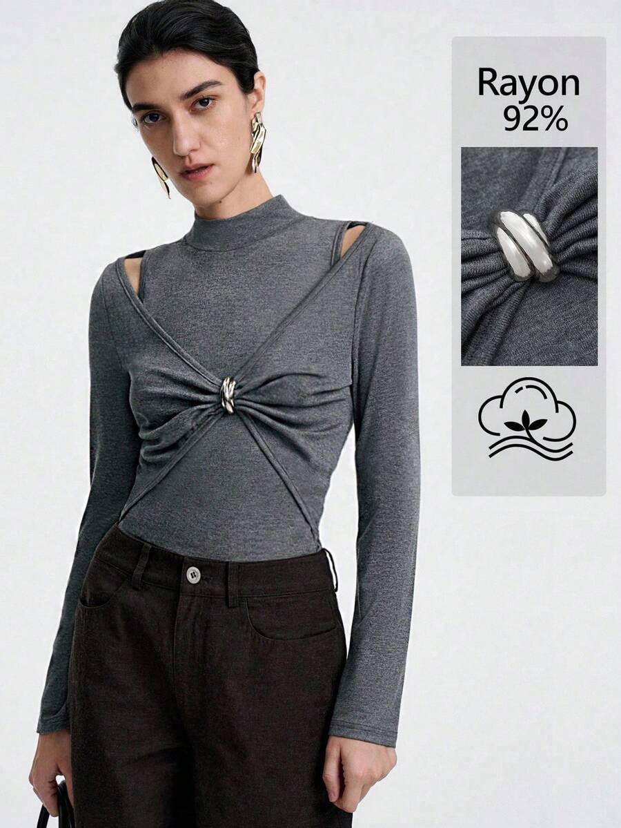 Aalyst Women's High-End Gray, Dark Gray, Luxurious High-End Elegant Mature Lady T-Shirt. High Collar, Slim Fit, Metal Decorative Button, Soft And Skin-Friendly Stretchy Fabric, Suitable For Autumn, Winter, Spring, Party, Banquet, Gathering, Daily Wear, Work Commute, Holiday Outfit.