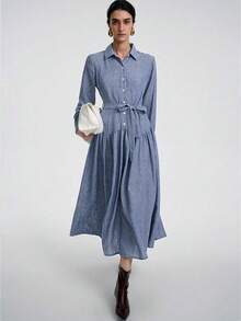 SHEIN Stylify 女式蓝色牛仔连衣裙，配腰带，长袖修身设计，奢华亚麻面料，适合秋季、冬季、春季、派对、宴会、聚会、休闲和工作穿着 - 藍色 - 查看 4