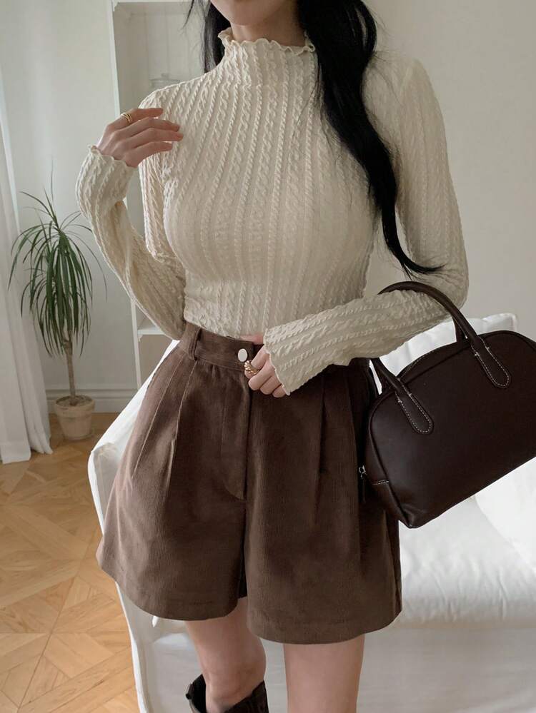 1pc Women Solid Color Textured High Neck Slim Fit T-Shirt, Autumn New Arrival Long Sleeve Women Tops,Fall Women Clothes