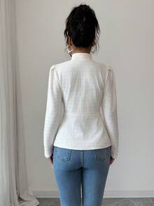 SHEIN Elenzya 女式白色条纹格子纹理针织面料立领长袖优雅套头衫，适合感恩节、万圣节、街头风格、秋冬 - 白色 - 查看 2