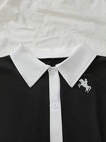 Resyla Autumn/Winter Tight Sportswear Jumpsuit, Contrast Collar, Contrast Cuffs, Long Sleeve Contrast Trim, Contrast White Hem One Piece Romper Collared Romper Black Romper Black And White Outfit Polo Romper - Black and White - View 4