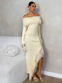 Glamine 女式优雅露肩拼接蓬松修身毛衣和高开叉下摆毛衣裙两件套，秋季 - 杏色 - 查看 3