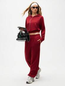 Eassivo Eassivo Tuta sportiva da donna con felpa con cappuccio a maniche raglan e tasche, e pantaloni di colore unito - Bordò - Visualizzare 5