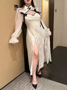 Vibekara 春夏秋季优雅新款甜美可爱设计提花拼接雪纺面料中袖长袖新款中国风改良旗袍长裙拼接蕾丝蝴蝶结侧开衩性感长裙