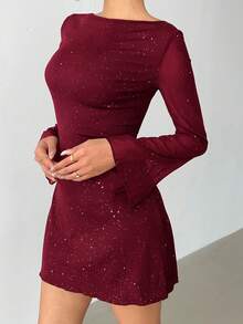 Aloruh Elegant Bow Tie Backless Sexy Glitter Fabric Fitted Mini Dress,Wedding Guest Dress Women,Red Dress,Christmas,New Year Dress - Burgundy - View 3