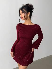 Aloruh Elegant Bow Tie Backless Sexy Glitter Fabric Fitted Mini Dress,Wedding Guest Dress Women,Red Dress,Christmas,New Year Dress - Burgundy - View 6