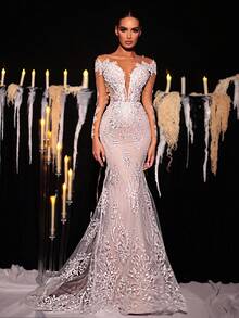 Glamrae Elegant Luxurious Romantic Beaded Mesh Embroidered Sheer Long Sleeve Handmade Applique V-Neck Fishtail Extra Long Train Wedding Bridal Gown