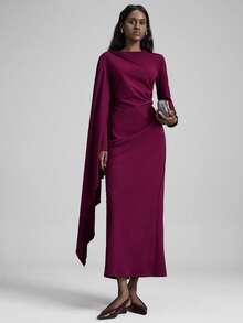 Ontre 女士勃艮第褶皱面料立领肩部褶皱不对称袖直下摆开衩连衣裙，适合所有季节，精致的都市休闲商务装，高品质机场时尚，高端邮轮装，圣诞节和新年派对礼服 - 酒紅色 - 查看 2