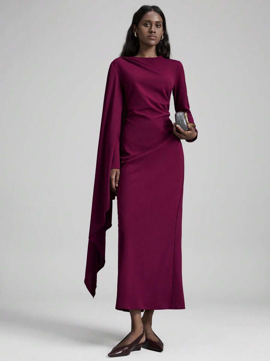 Ontre 女士勃艮第褶皱面料立领肩部褶皱不对称袖直下摆开衩连衣裙，适合所有季节，精致的都市休闲商务装，高品质机场时尚，高端邮轮装，圣诞节和新年派对礼服